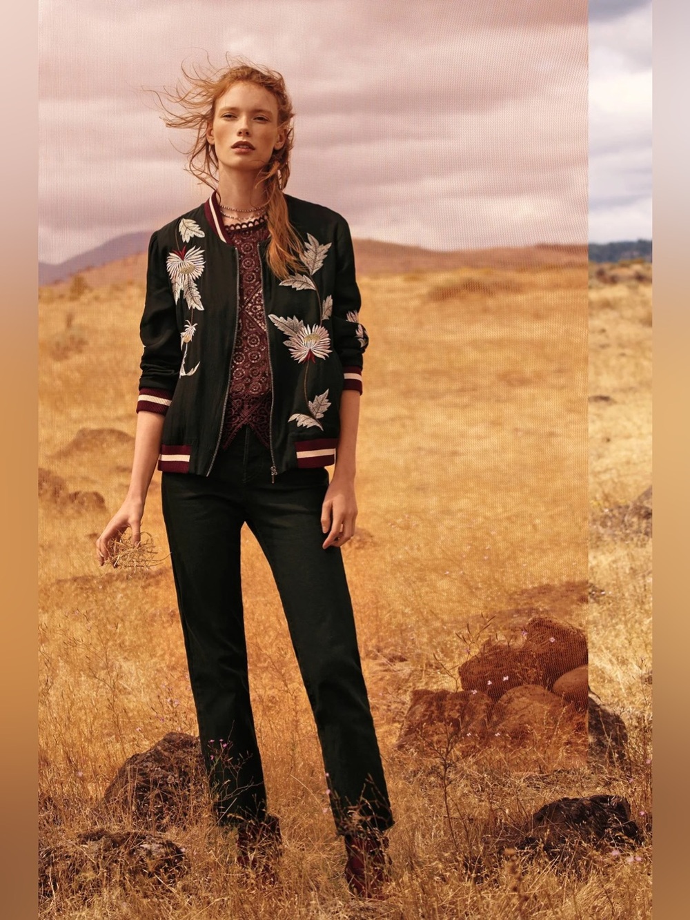 Anthropologie Elevenses Solstice Bomber Jacket with White Floral Embroidery L